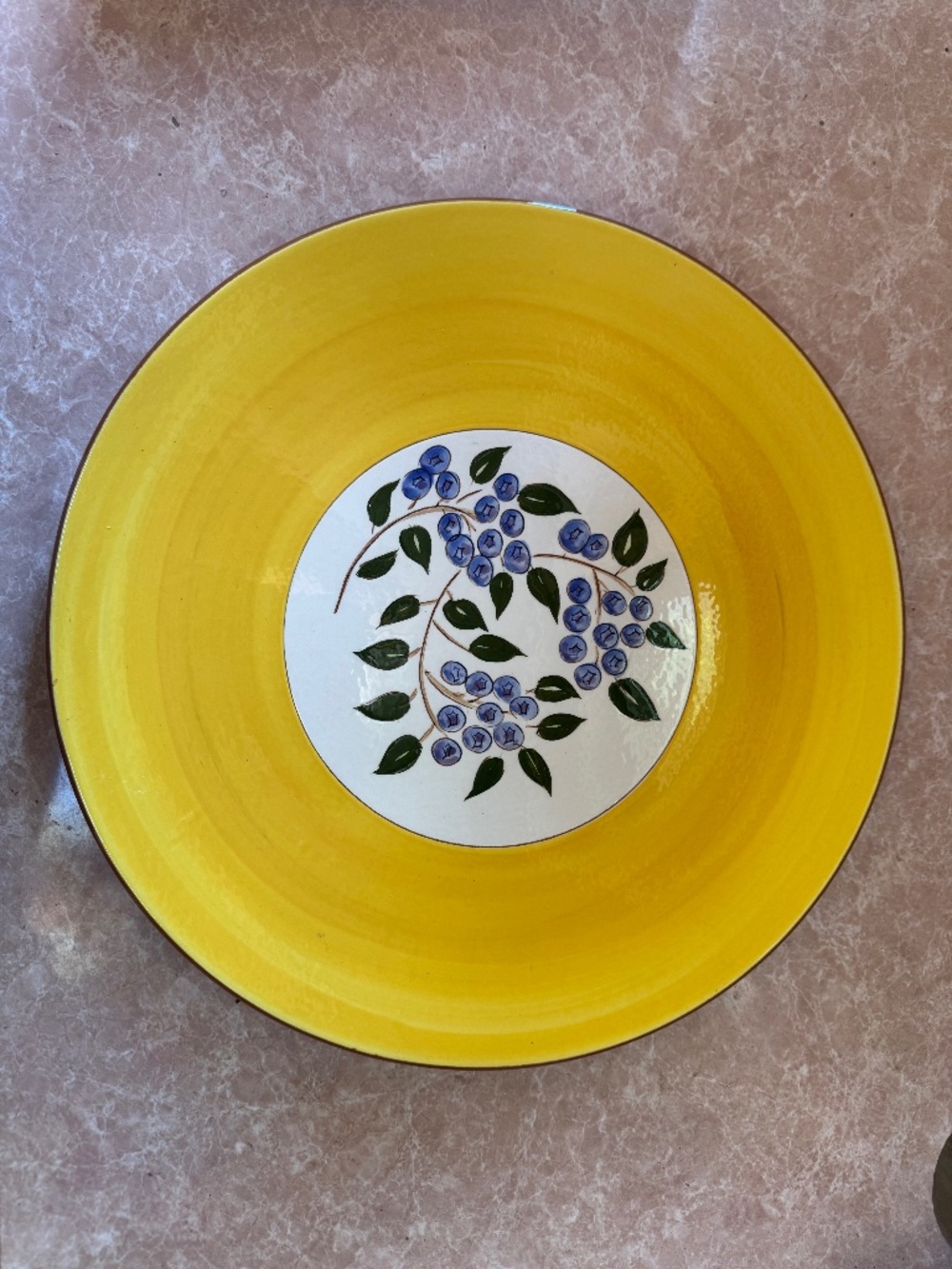 1960s STANGL Blueberry Chop Plate Round Platter Yellow Band Blueberries 14 1/4"
